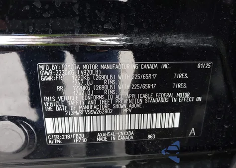 2025 Toyota Rav4 Hybrid Le z USA, uszkodzony, nr VIN 2T3MWRFV9SW262802